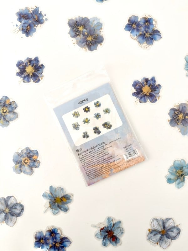Vintage Romantic Floral Altın Yaldızlı Mavi Çiçekler 20 Adet Sticker Seti/Etiket/Çıkartma