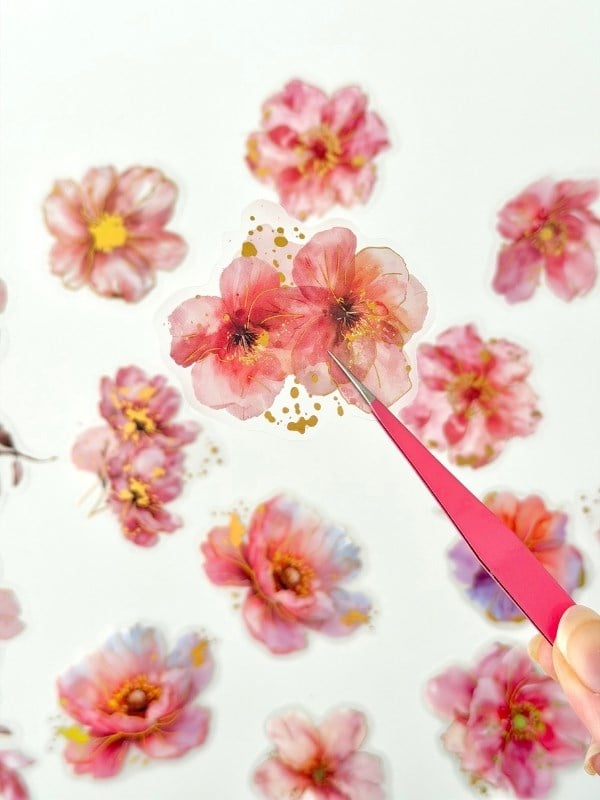 Vintage Romantic Floral Altın Yaldızlı Pembe Çiçekler 20 Adet Sticker Seti/Etiket/Çıkartma