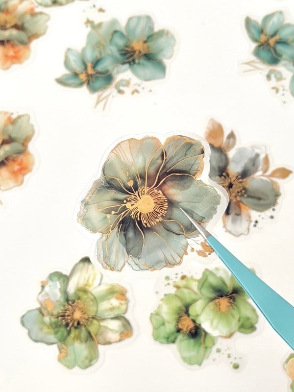 Vintage Romantic Floral Altın Yaldızlı Yeşil Çiçekler 20 Adet Sticker Seti/Etiket/Çıkartma