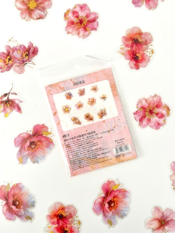 Vintage Romantic Floral Altın Yaldızlı Pembe Çiçekler 20 Adet Sticker Seti/Etiket/Çıkartma