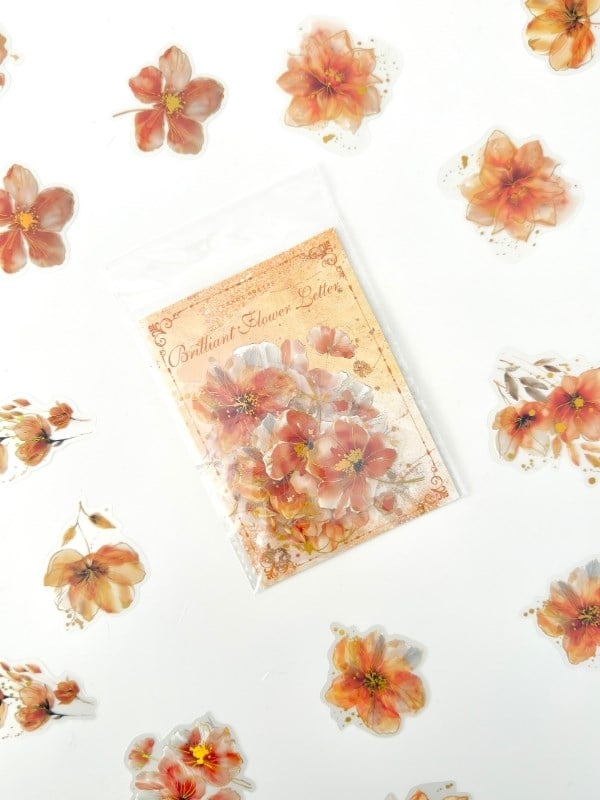 Vintage Romantic Floral Altın Yaldızlı Turuncu Çiçekler 20 Adet Sticker Seti/Etiket/Çıkartma