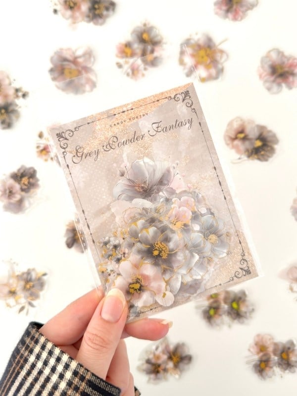 Vintage Romantic Floral Altın Yaldızlı Gri Çiçekler 20 Adet Sticker Seti/Etiket/Çıkartma