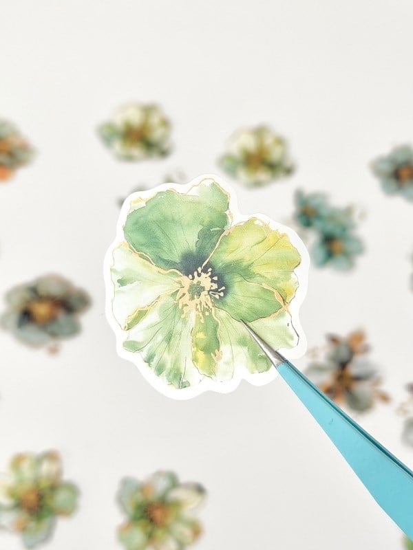 Vintage Romantic Floral Altın Yaldızlı Yeşil Çiçekler 20 Adet Sticker Seti/Etiket/Çıkartma