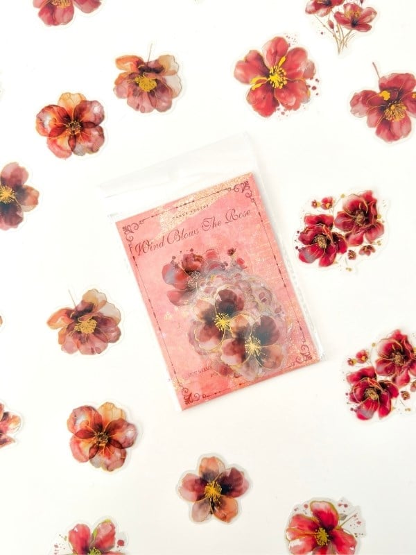 Vintage Romantic Floral Altın Yaldızlı Kırmızı Çiçekler 20 Adet Sticker Seti/Etiket/Çıkartma