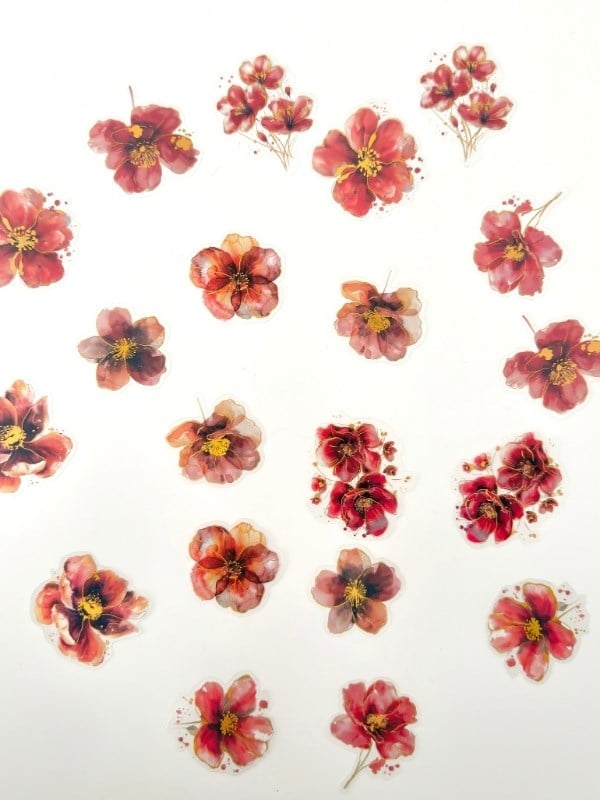 Vintage Romantic Floral Altın Yaldızlı Kırmızı Çiçekler 20 Adet Sticker Seti/Etiket/Çıkartma