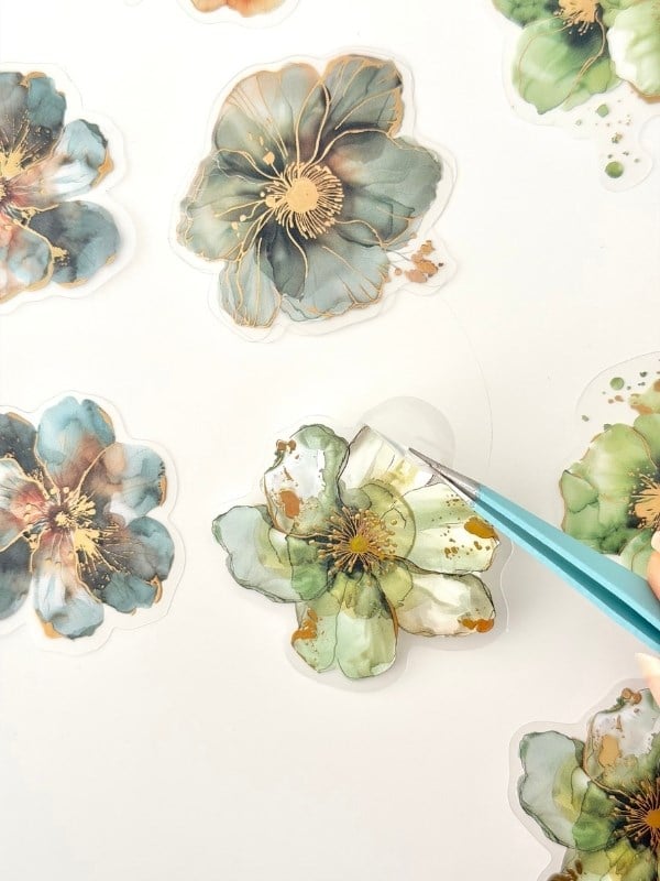 Vintage Romantic Floral Altın Yaldızlı Yeşil Çiçekler 20 Adet Sticker Seti/Etiket/Çıkartma