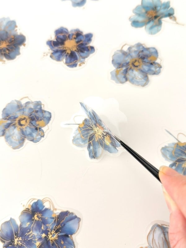 Vintage Romantic Floral Altın Yaldızlı Mavi Çiçekler 20 Adet Sticker Seti/Etiket/Çıkartma
