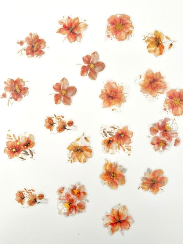 Vintage Romantic Floral Altın Yaldızlı Turuncu Çiçekler 20 Adet Sticker Seti/Etiket/Çıkartma