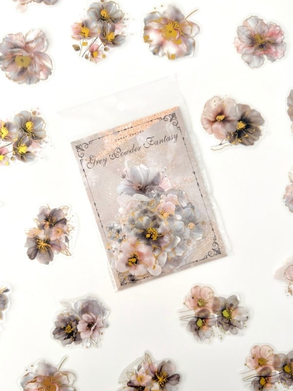 Vintage Romantic Floral Altın Yaldızlı Gri Çiçekler 20 Adet Sticker Seti/Etiket/Çıkartma