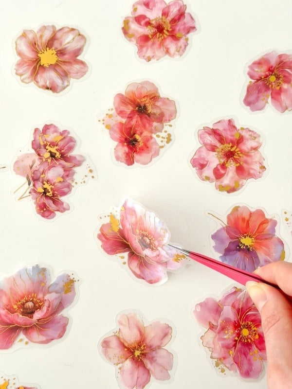 Vintage Romantic Floral Altın Yaldızlı Pembe Çiçekler 20 Adet Sticker Seti/Etiket/Çıkartma