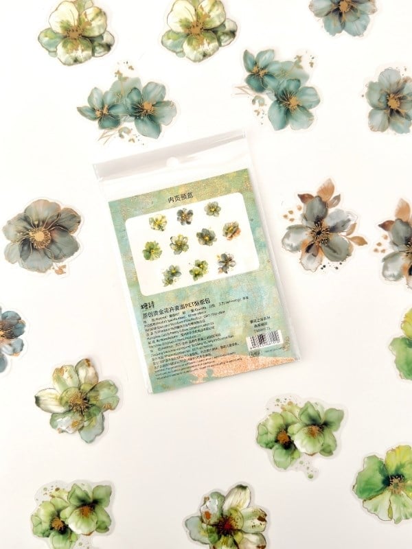 Vintage Romantic Floral Altın Yaldızlı Yeşil Çiçekler 20 Adet Sticker Seti/Etiket/Çıkartma