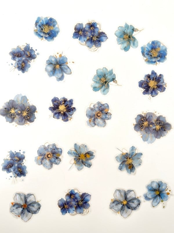 Vintage Romantic Floral Altın Yaldızlı Mavi Çiçekler 20 Adet Sticker Seti/Etiket/Çıkartma
