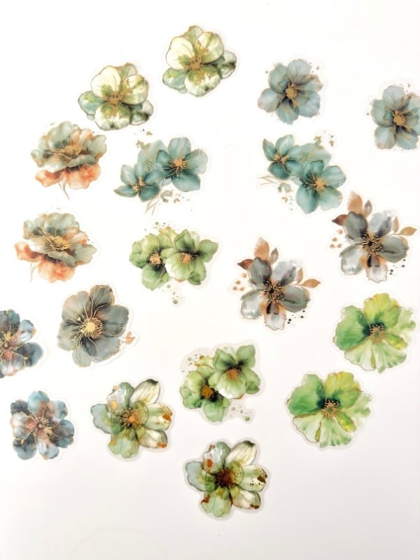 Vintage Romantic Floral Altın Yaldızlı Yeşil Çiçekler 20 Adet Sticker Seti/Etiket/Çıkartma