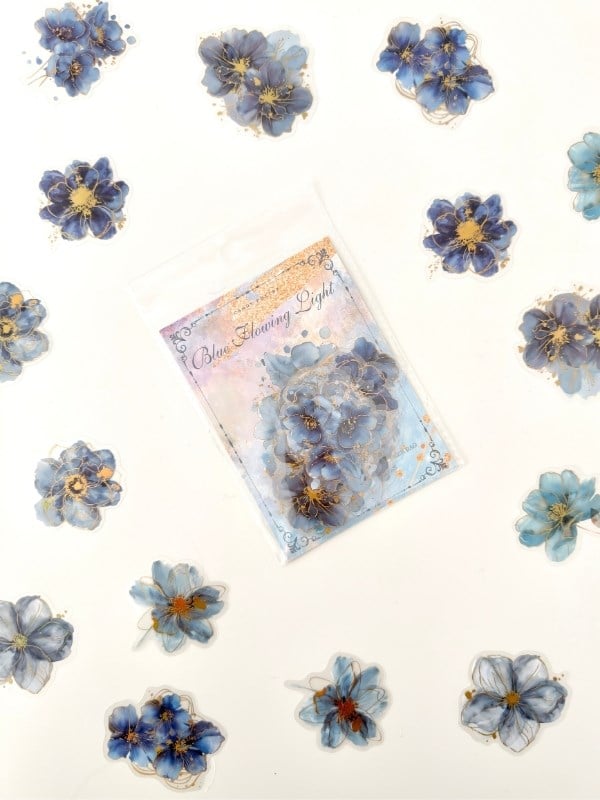 Vintage Romantic Floral Altın Yaldızlı Mavi Çiçekler 20 Adet Sticker Seti/Etiket/Çıkartma