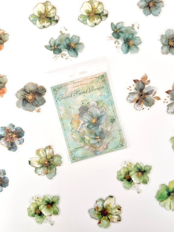 Vintage Romantic Floral Altın Yaldızlı Yeşil Çiçekler 20 Adet Sticker Seti/Etiket/Çıkartma