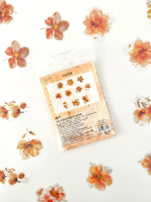 Vintage Romantic Floral Altın Yaldızlı Turuncu Çiçekler 20 Adet Sticker Seti/Etiket/Çıkartma