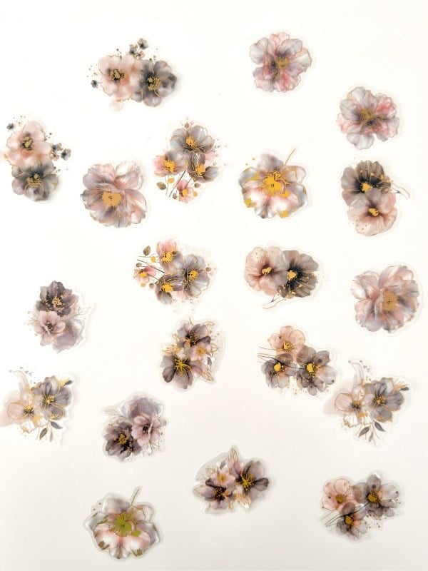 Vintage Romantic Floral Altın Yaldızlı Gri Çiçekler 20 Adet Sticker Seti/Etiket/Çıkartma