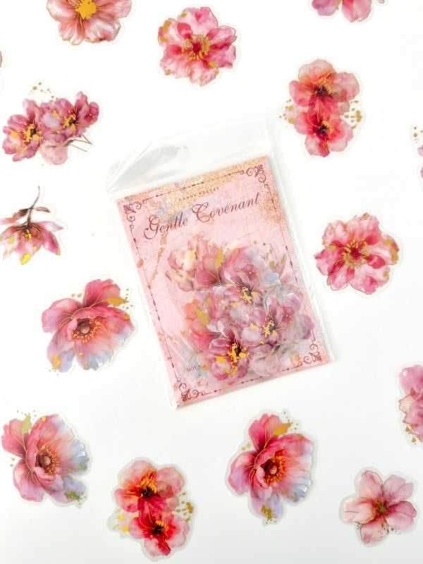 Vintage Romantic Floral Altın Yaldızlı Pembe Çiçekler 20 Adet Sticker Seti/Etiket/Çıkartma