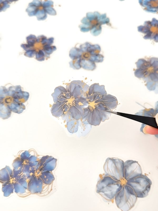Vintage Romantic Floral Altın Yaldızlı Mavi Çiçekler 20 Adet Sticker Seti/Etiket/Çıkartma