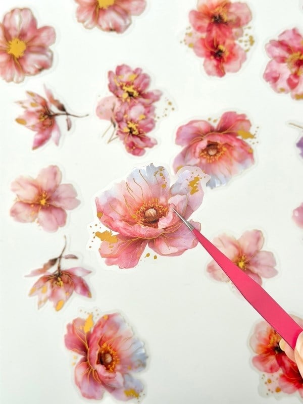 Vintage Romantic Floral Altın Yaldızlı Pembe Çiçekler 20 Adet Sticker Seti/Etiket/Çıkartma