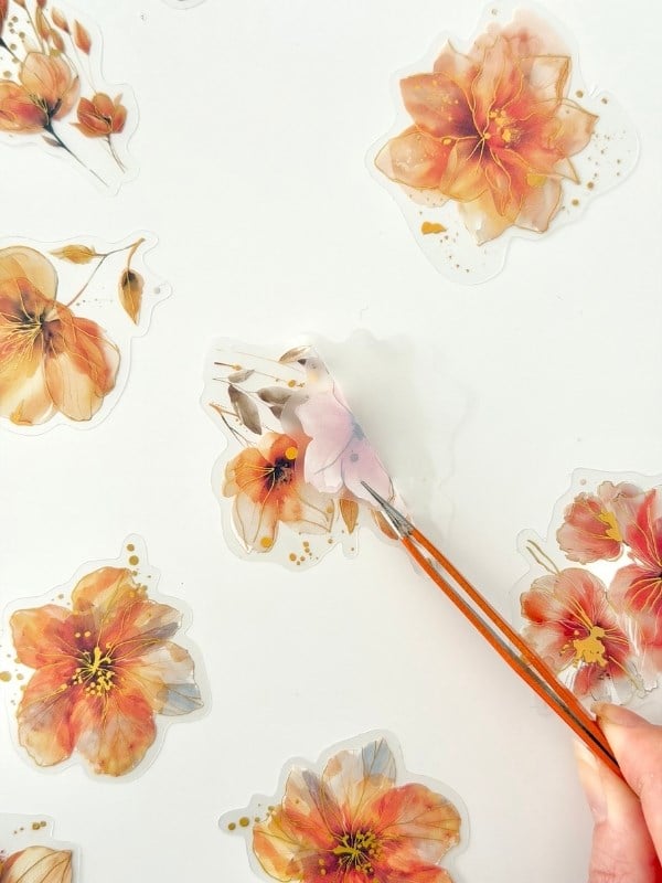 Vintage Romantic Floral Altın Yaldızlı Turuncu Çiçekler 20 Adet Sticker Seti/Etiket/Çıkartma
