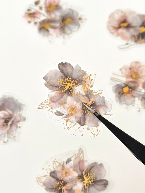 Vintage Romantic Floral Altın Yaldızlı Gri Çiçekler 20 Adet Sticker Seti/Etiket/Çıkartma