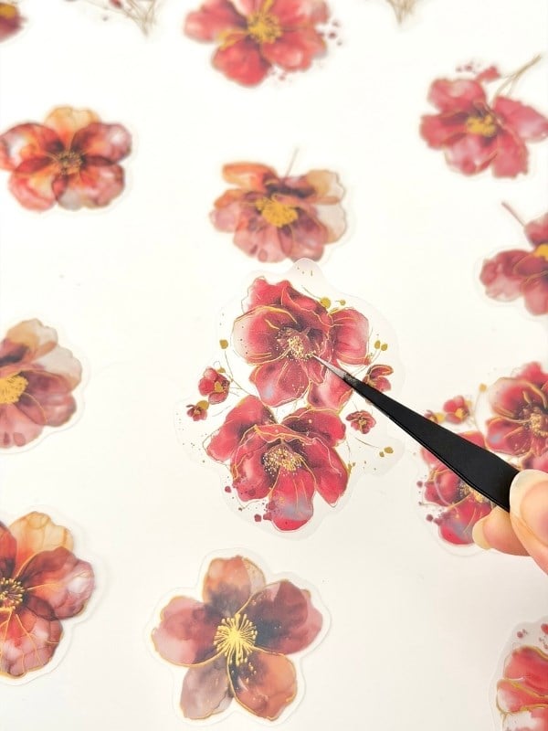 Vintage Romantic Floral Altın Yaldızlı Kırmızı Çiçekler 20 Adet Sticker Seti/Etiket/Çıkartma