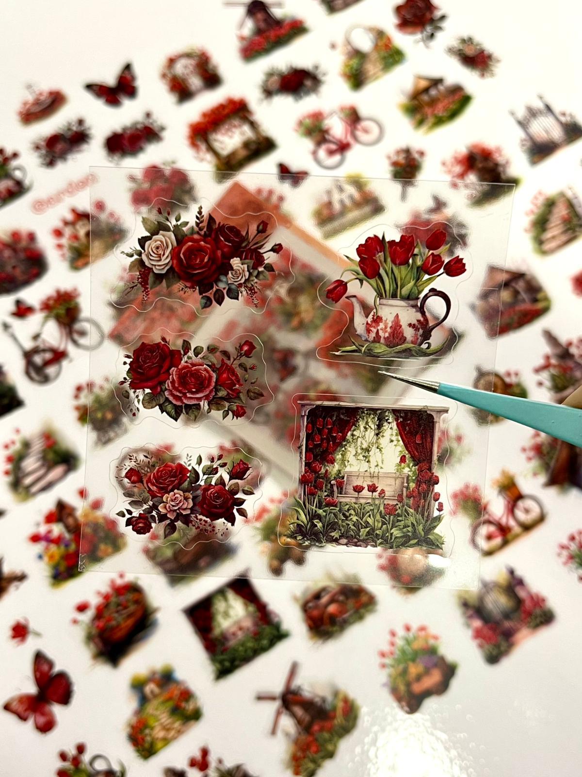 Vintage Ruby Garden Kırmızı Çiçek ve Lale Temalı 25 Yaprak 136 Adet Sticker Seti/Etiket/ Çıkartma
