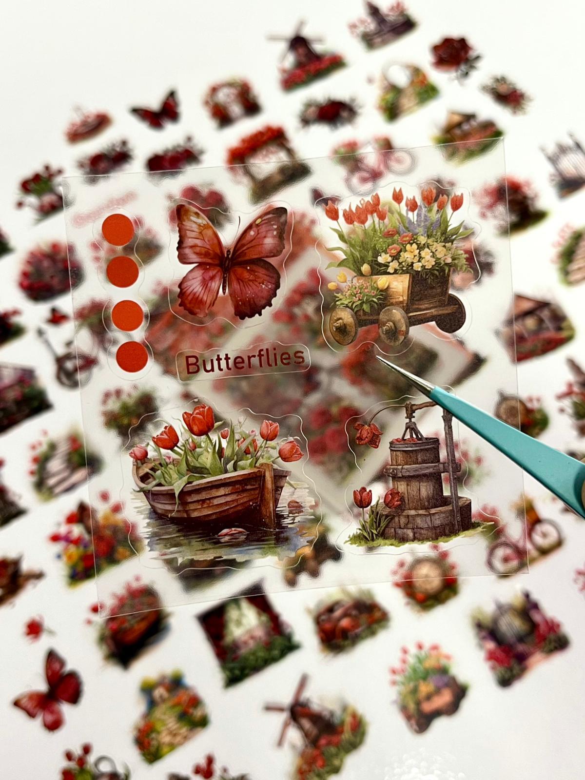 Vintage Ruby Garden Kırmızı Çiçek ve Lale Temalı 25 Yaprak 136 Adet Sticker Seti/Etiket/ Çıkartma