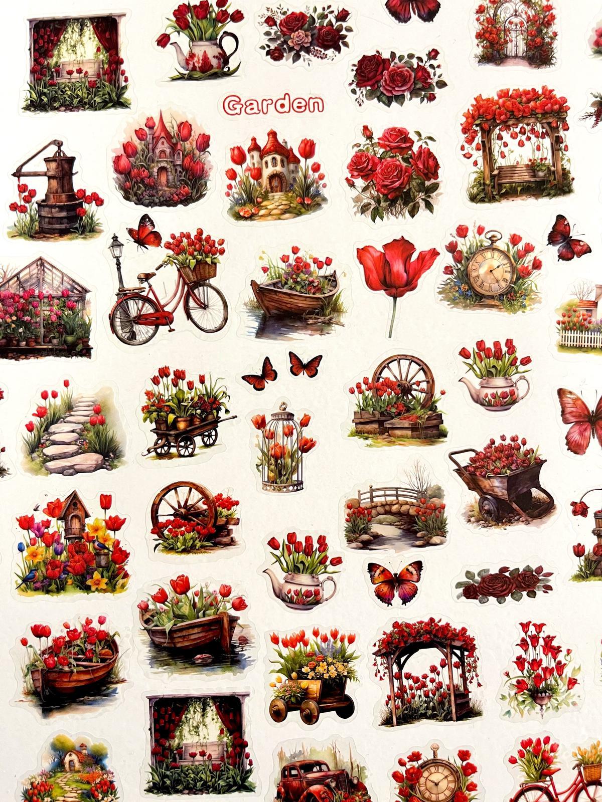 Vintage Ruby Garden Kırmızı Çiçek ve Lale Temalı 25 Yaprak 136 Adet Sticker Seti/Etiket/ Çıkartma