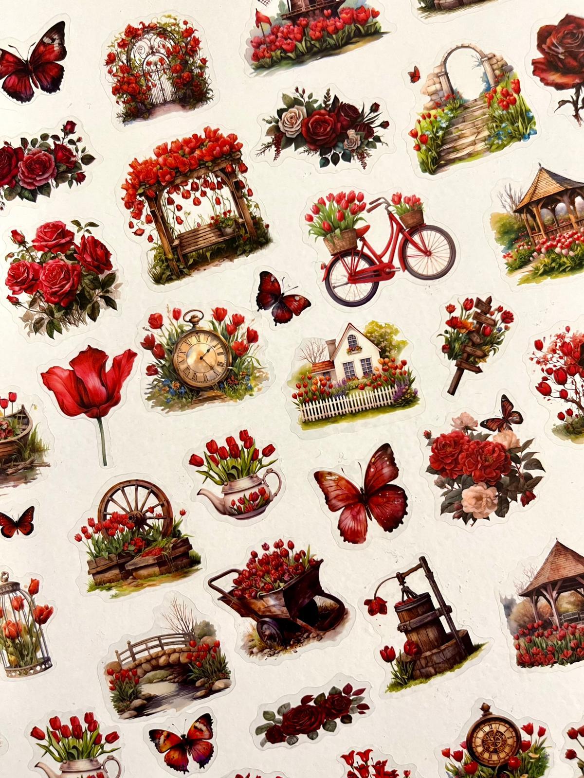 Vintage Ruby Garden Kırmızı Çiçek ve Lale Temalı 25 Yaprak 136 Adet Sticker Seti/Etiket/ Çıkartma
