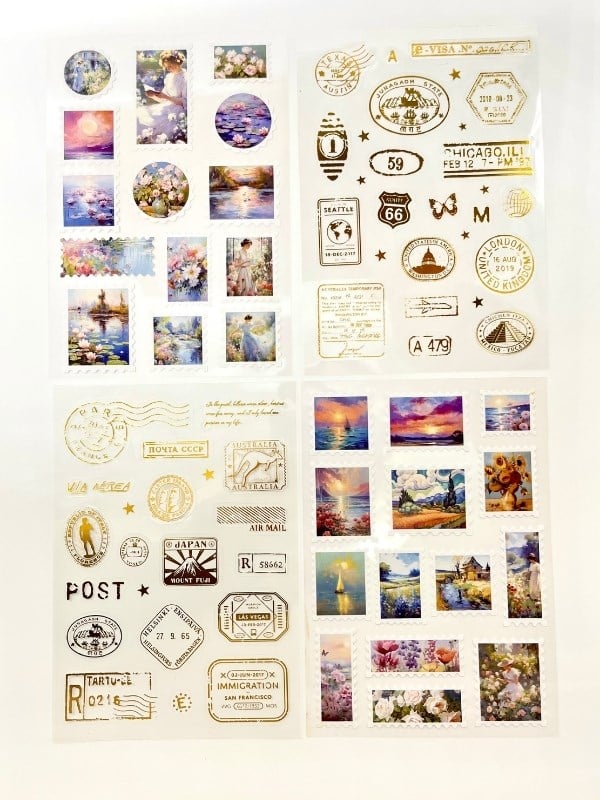 Vintage Sanatsal Doğa Ve Altın Yaldızlı Mühür Temalı 4Yaprak 65 Adet Pul Sticker Set/Etiket/Çıkartma