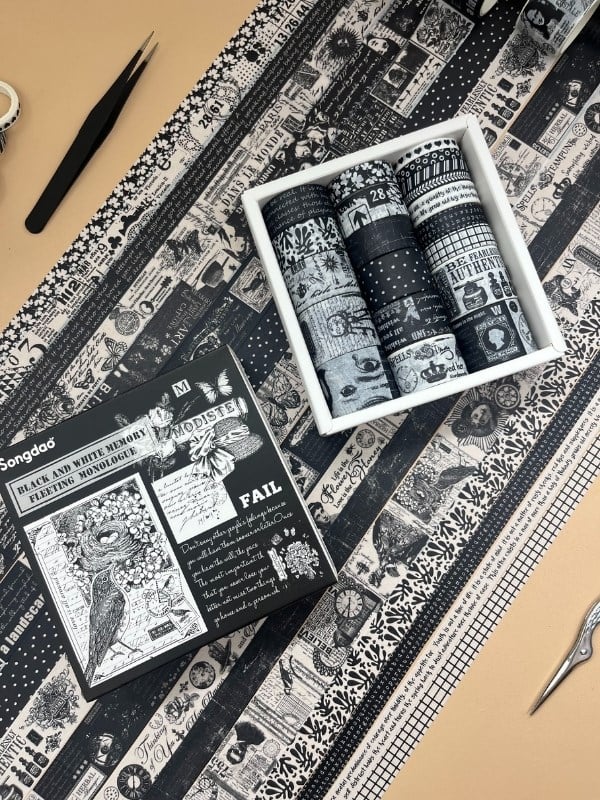 Vintage Siyah Beyaz Temalı 20’li Washi Bant Black & White Memory/ Fleeting Monologue Serisi (20*2m) Masking  Tape/Desenli Bant 