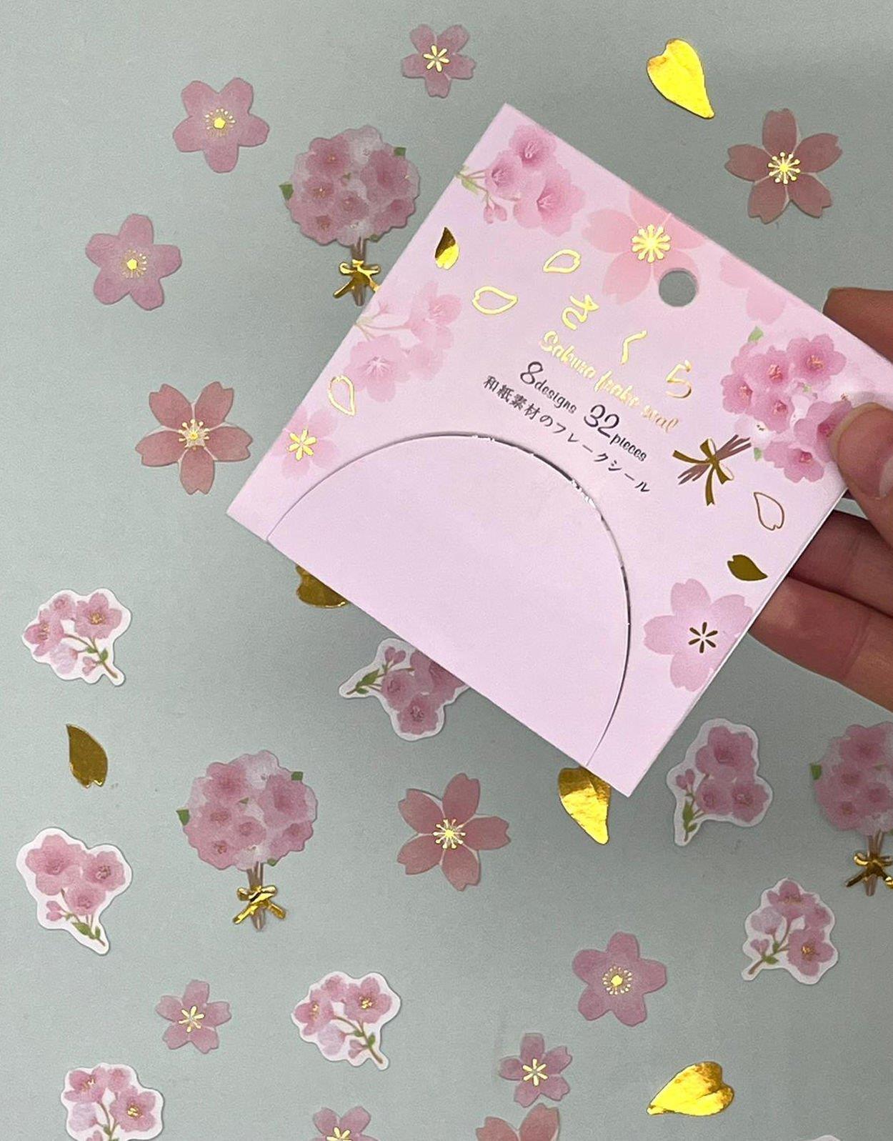 Yaldızlı Sakura Çiçekleri Temalı Pembe Kapak Sticker - Bullet Journal -  Defter Süsleme-Çıkartma