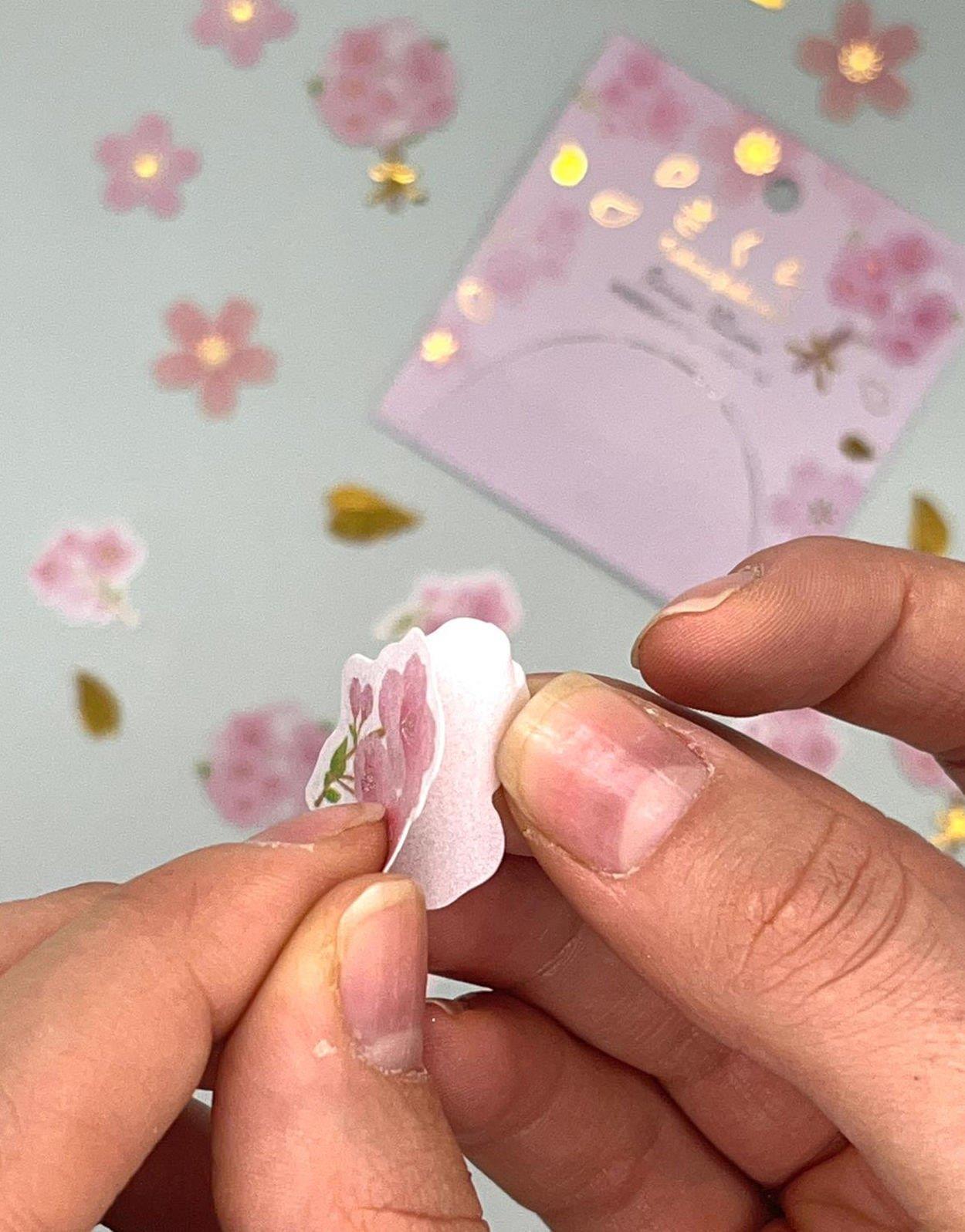 Yaldızlı Sakura Çiçekleri Temalı Pembe Kapak Sticker - Bullet Journal -  Defter Süsleme-Çıkartma