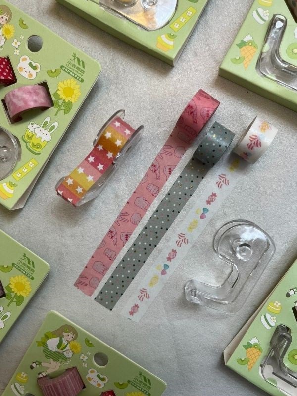 Yeşil Renk 2+1 Washi Bant ve Kesim Aparatlı Mini Set/ Washi Tape / Bullet Journal