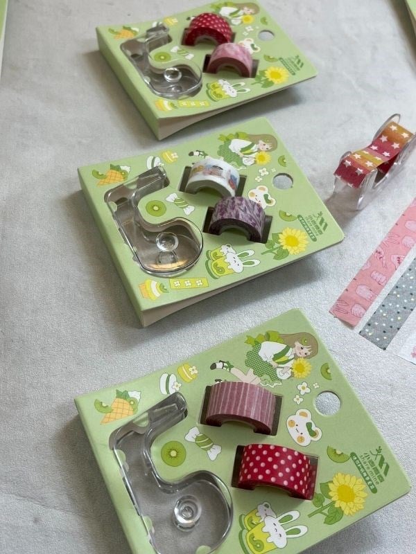Yeşil Renk 2+1 Washi Bant ve Kesim Aparatlı Mini Set/ Washi Tape / Bullet Journal