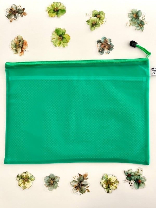 Yeşil Yarı Şeffaf Büyük Boy Çift Bölme Fermuarlı Organizer Dosya Çantası (38*26,5cm)/Toparlayıcı