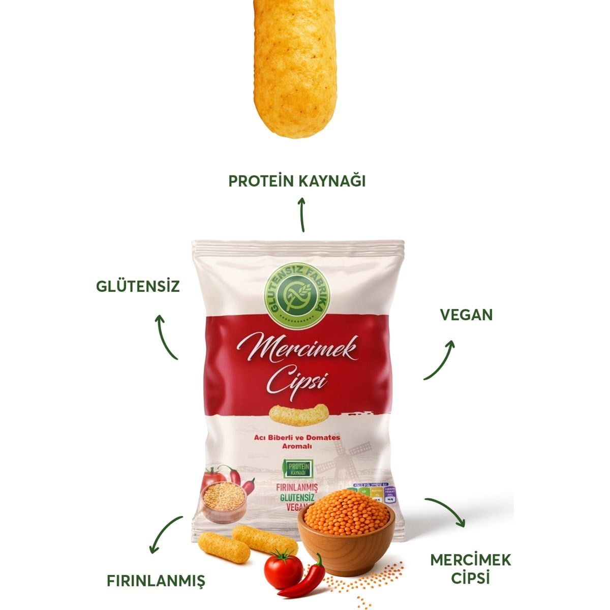 Glütensiz Fabrika Acı Biberli ve Domates Aromalı Mercimek Cipsi 60 g (3 adet)