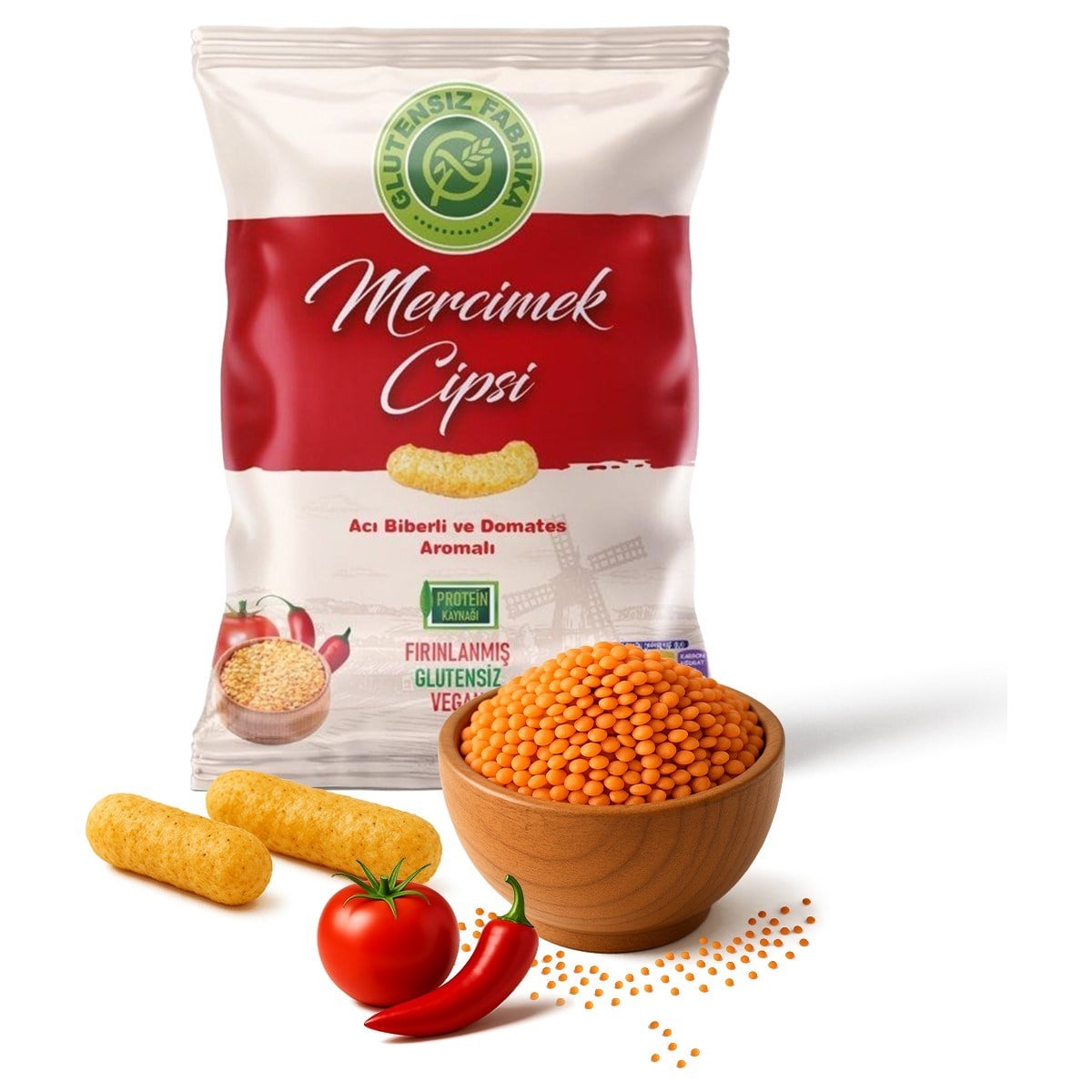 Glütensiz Fabrika Acı Biberli ve Domates Aromalı Mercimek Cipsi 60 g (3 adet)