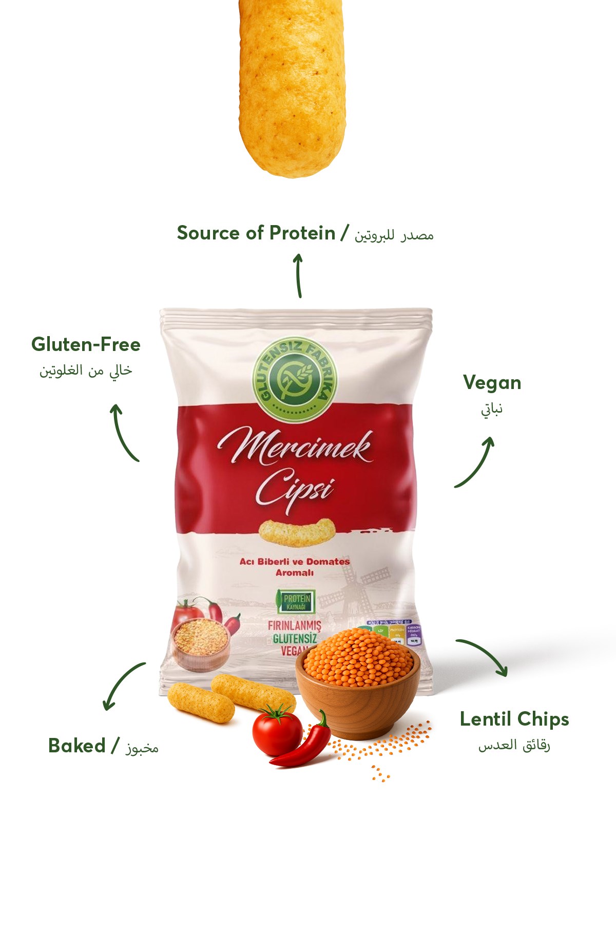 Glütensiz Fabrika Vegan Acı Biberli Ve Domates Aromalı Mercimek Cipsi 60 g (3 adet)