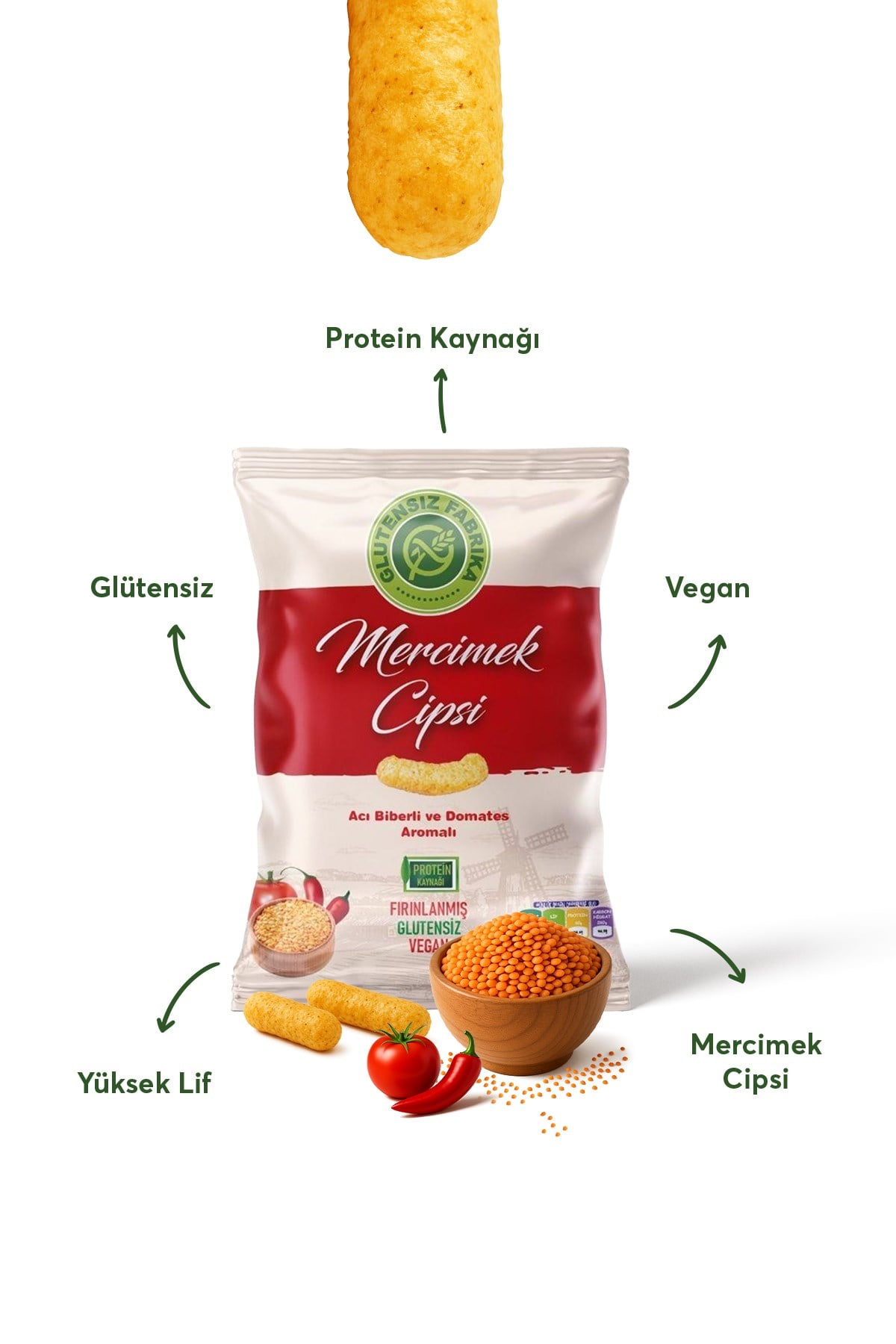 Glütensiz Fabrika Vegan Acı Biberli Ve Domates Aromalı Mercimek Cipsi 60 g (3 adet)