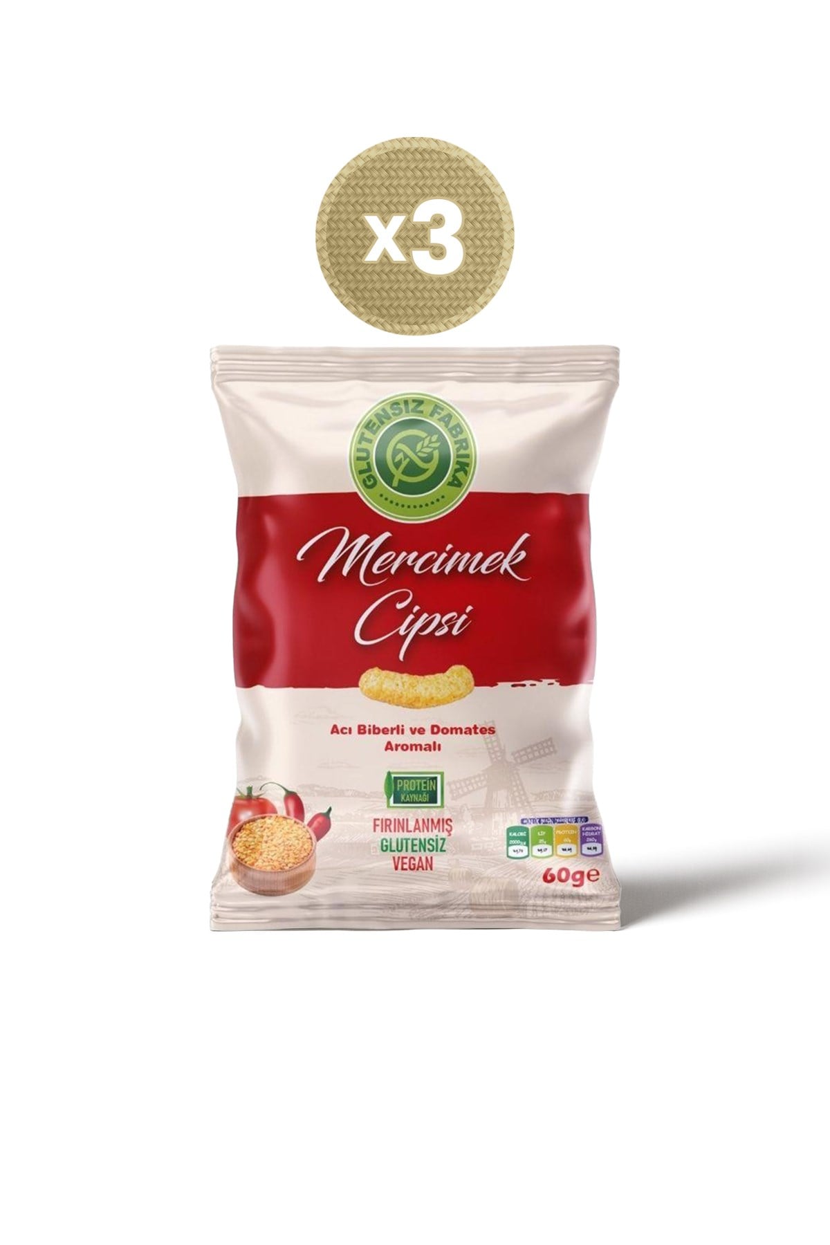 Glütensiz Fabrika Vegan Acı Biberli Ve Domates Aromalı Mercimek Cipsi 60 g (3 adet)