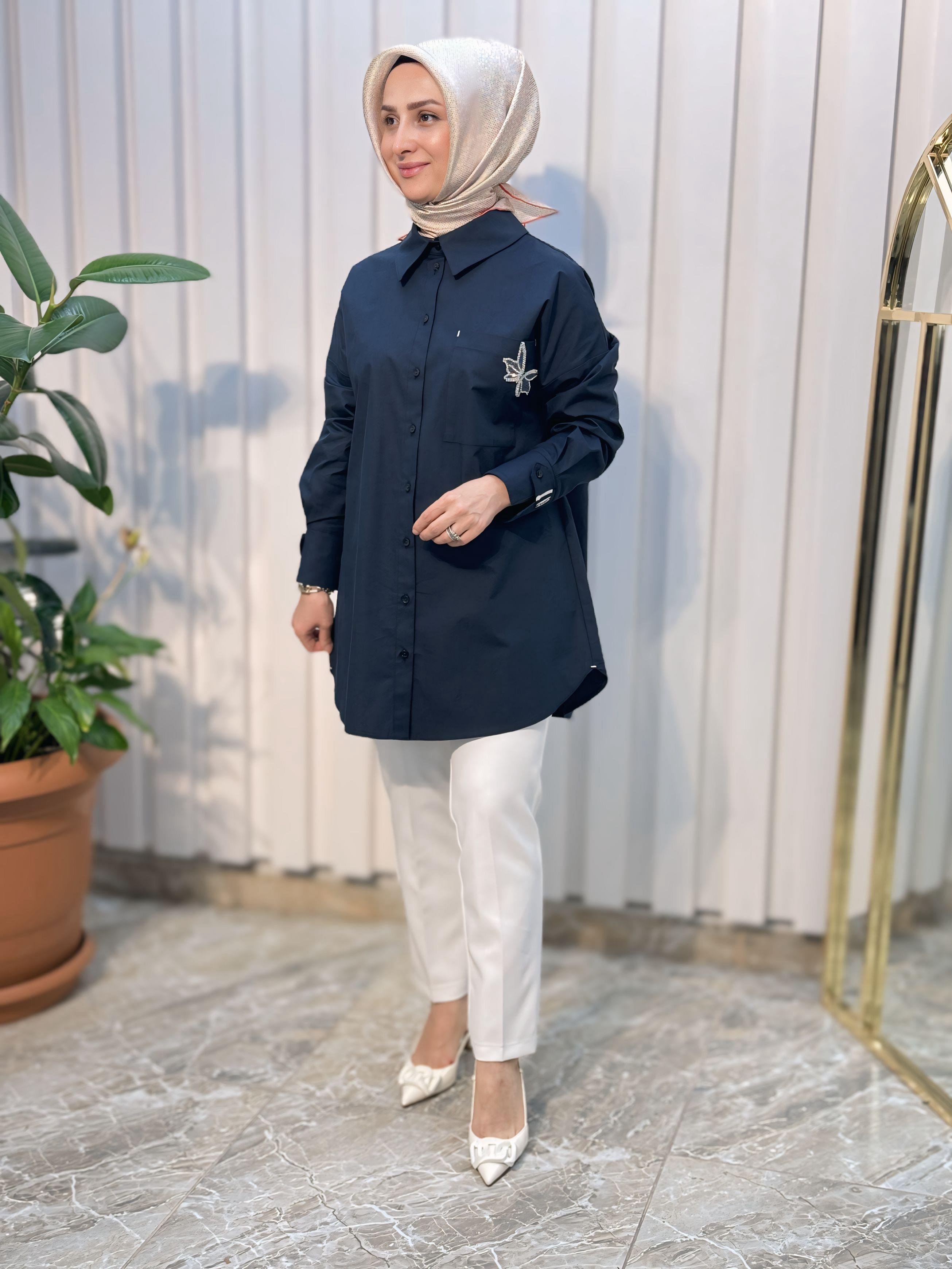 Aksesuar Detaylı Gömlek Yaka Tunik-11027