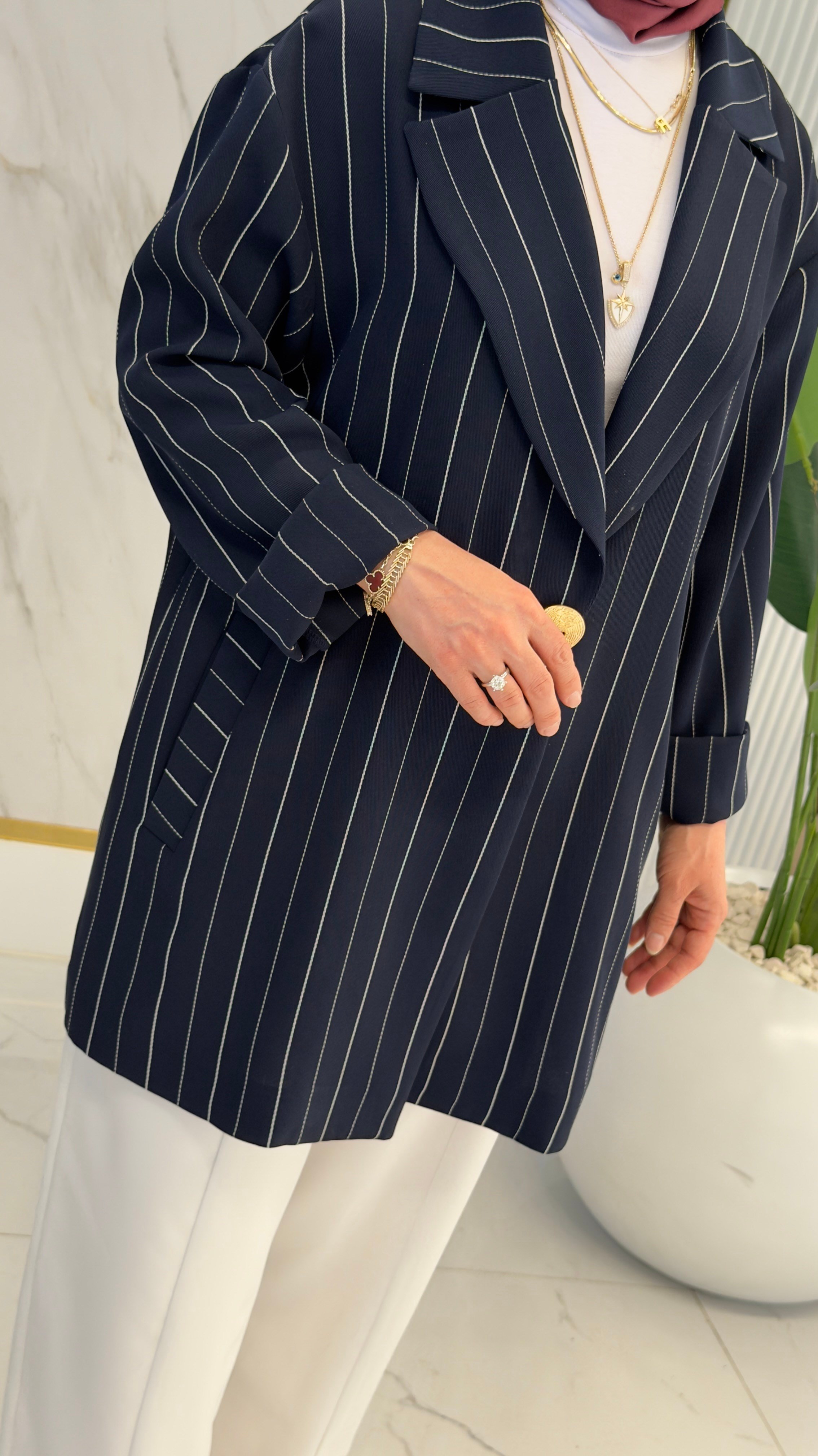 Armine Trend 26YT643 Çizgili Blazer Ceketli Pantolonlu Takım - Lacivert