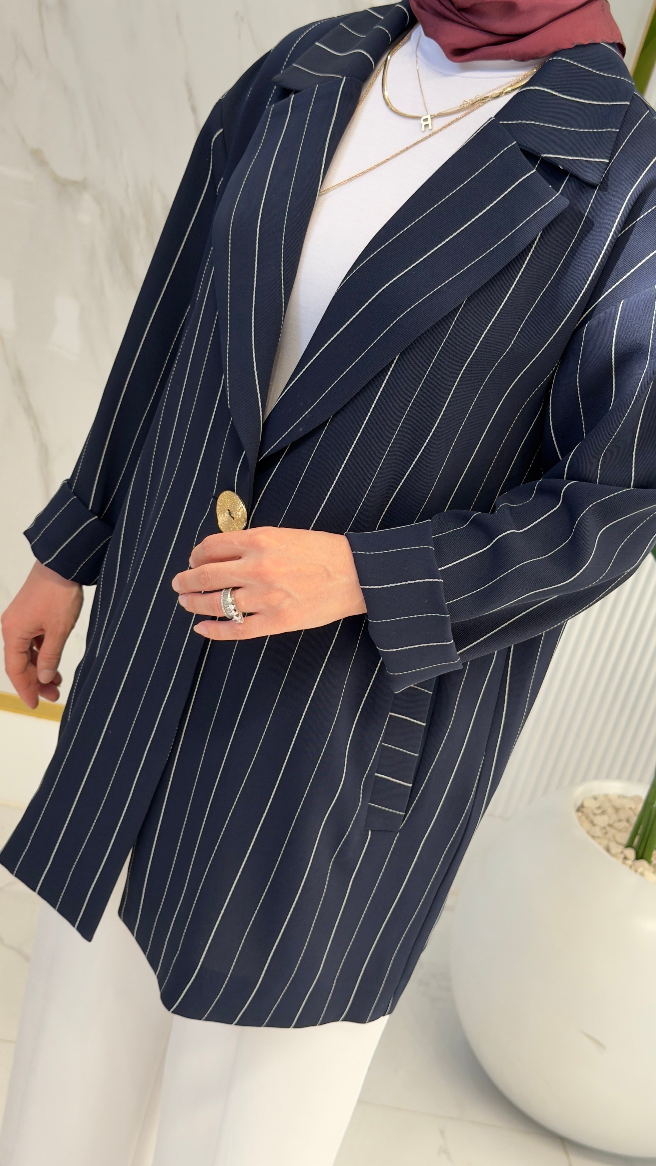 Armine Trend 26YT643 Çizgili Blazer Ceketli Pantolonlu Takım - Lacivert