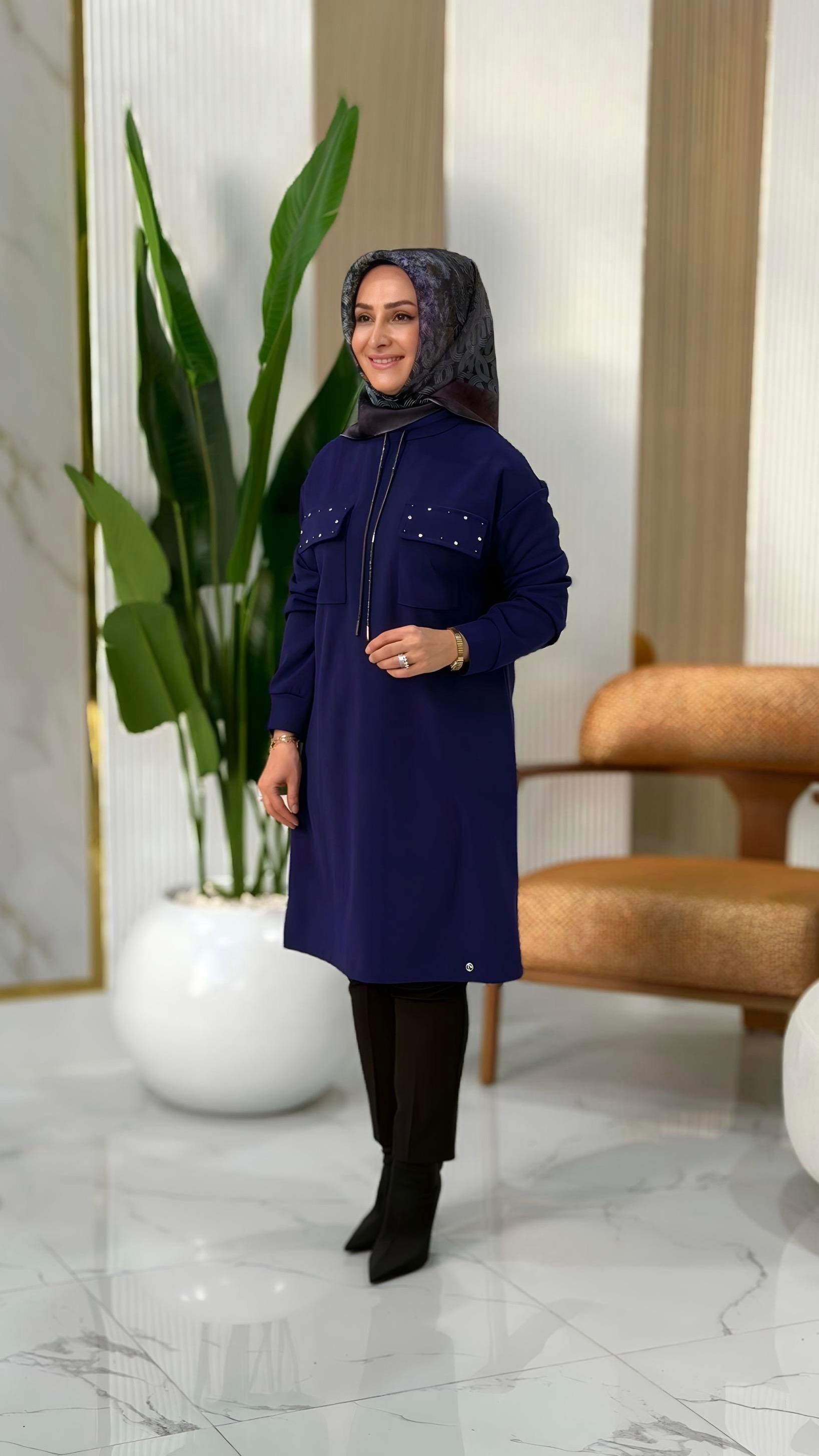 ARMİNE TREND CEP KAPAĞI TAŞ İŞLEMELİ TUNİK MORCİVERT- 25KT451