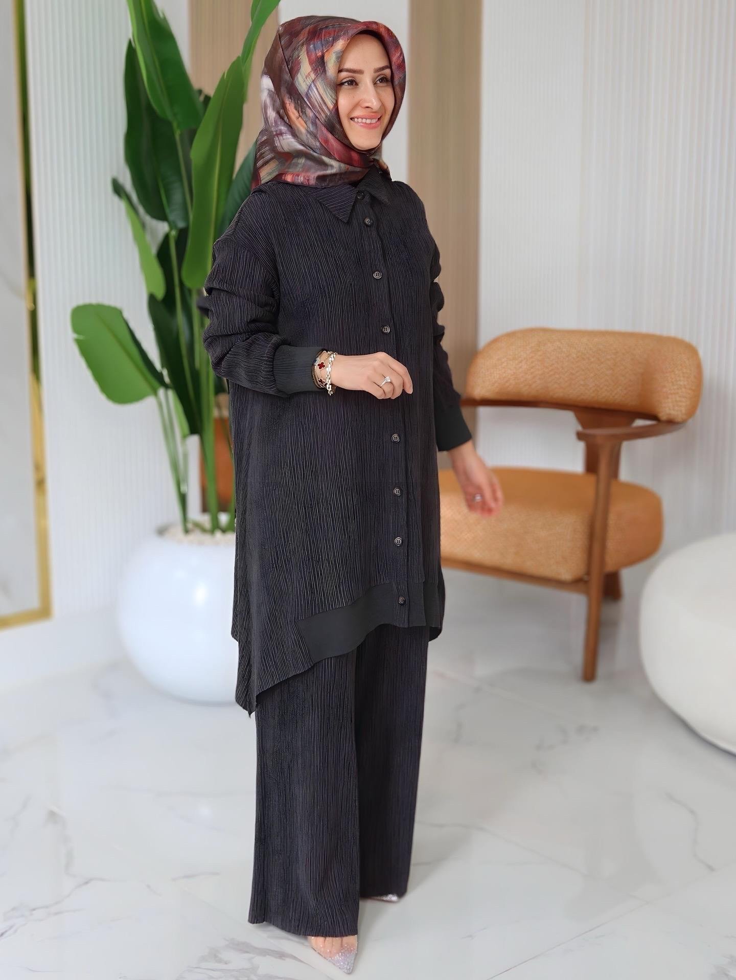 ARMİNE TREND Kolları Ribanalı Gömlek Yakalı Pantolonlu Takım-Kahverengi 24KT652