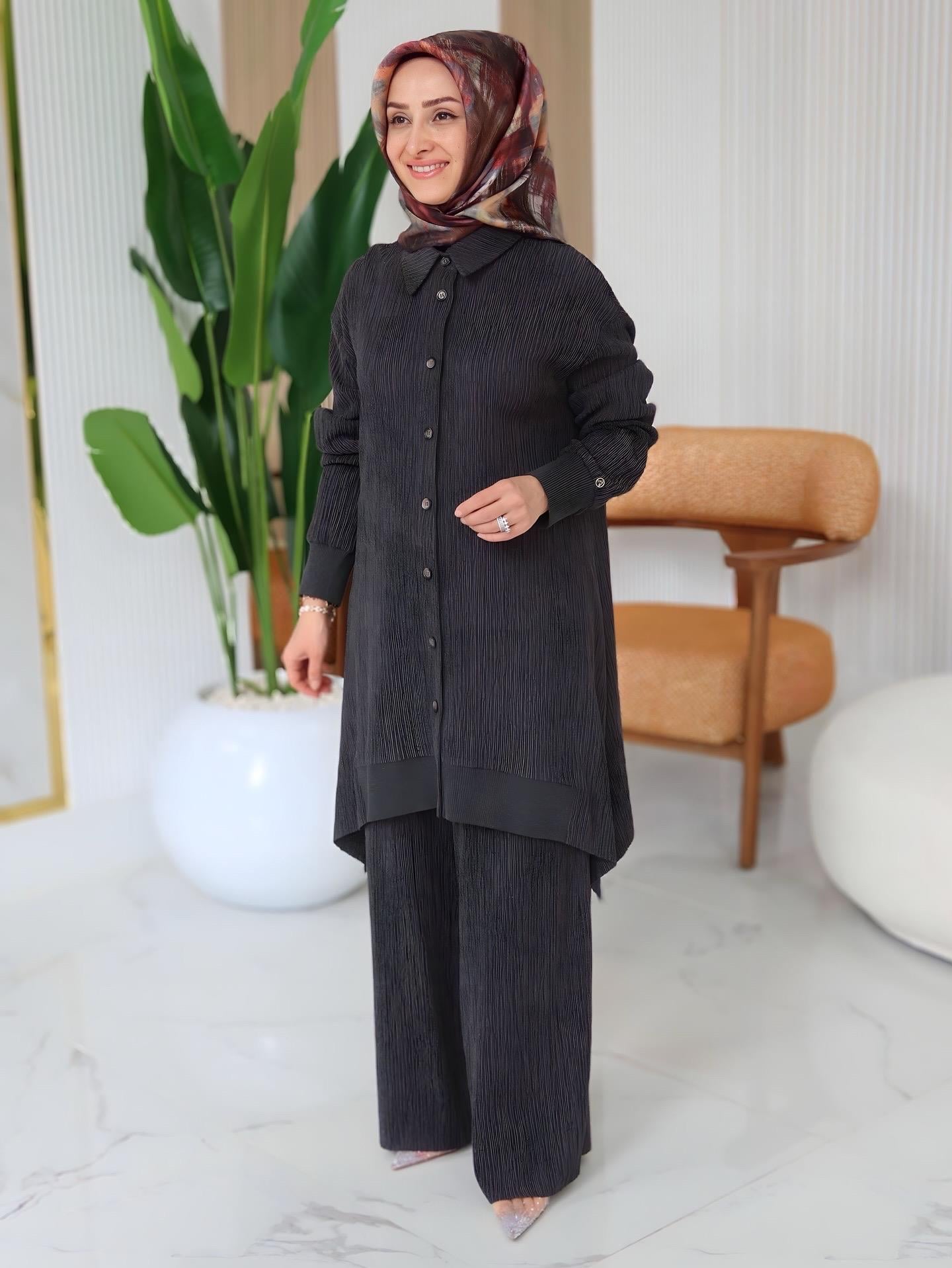 ARMİNE TREND Kolları Ribanalı Gömlek Yakalı Pantolonlu Takım-Kahverengi 24KT652