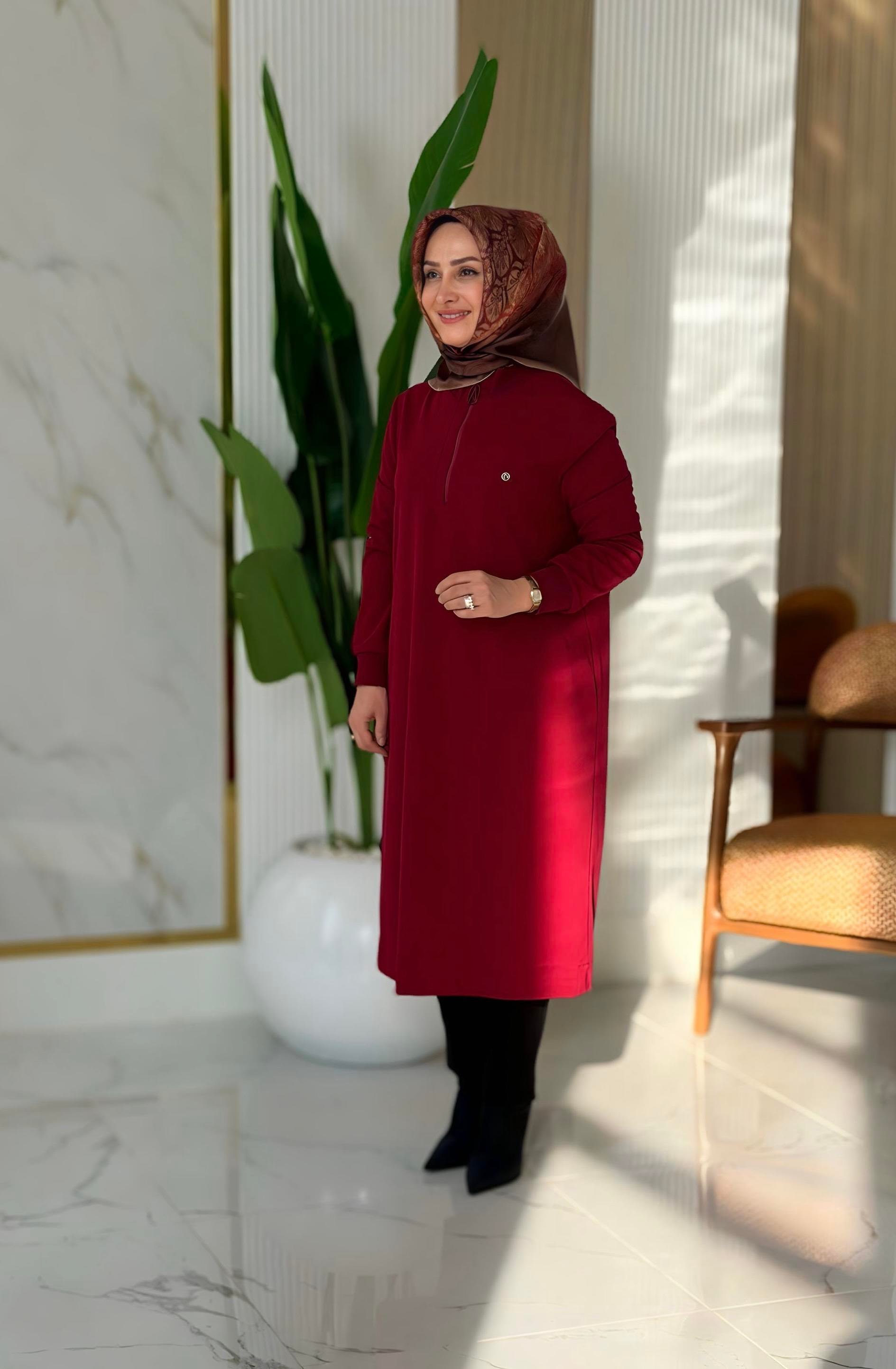 ARMİNE TREND KOLLARI RİBANALI YARIM FERMUARLI TUNİK BORDO- 25KT456